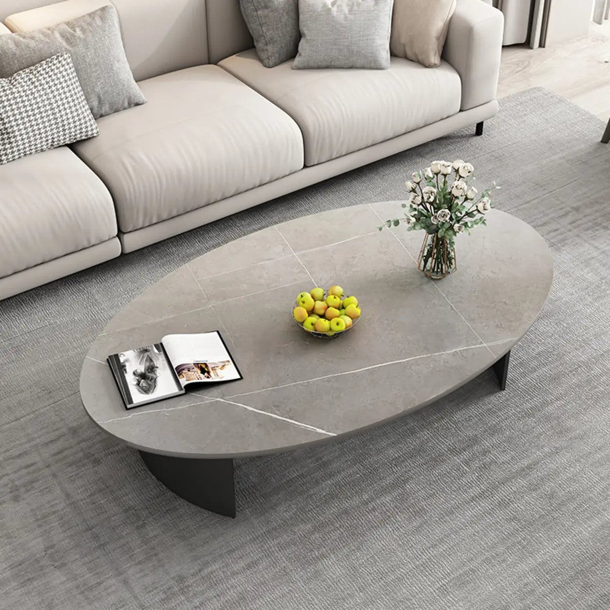 Oval Scratch Resistant Stone Top Iron Base Coffee Table
