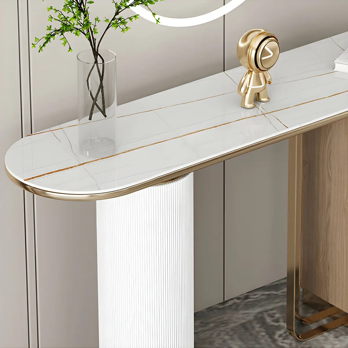Oval Stone Gold Double Pedestal Tall Console Table Image - 10
