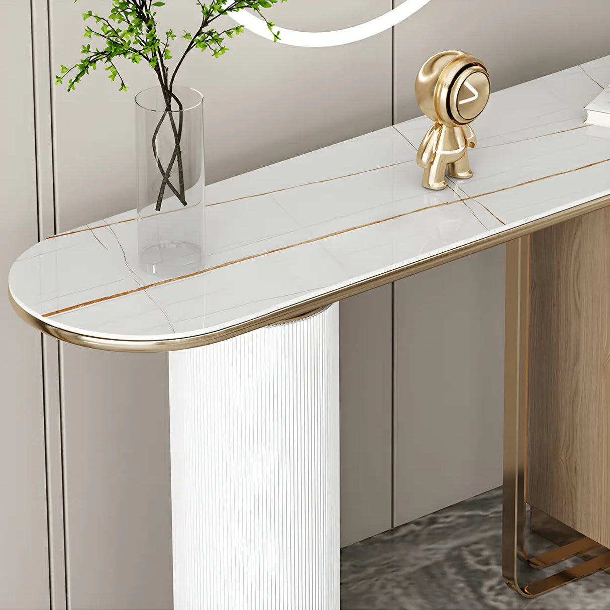 Oval Stone Gold Double Pedestal Tall Console Table Image - 10