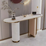 Oval Stone Gold Double Pedestal Tall Console Table Image - 2