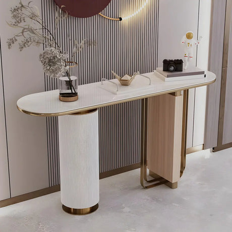 Oval Stone Gold Double Pedestal Tall Console Table Image - 2