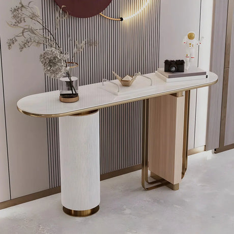 Oval Stone Gold Double Pedestal Tall Console Table Image - 2