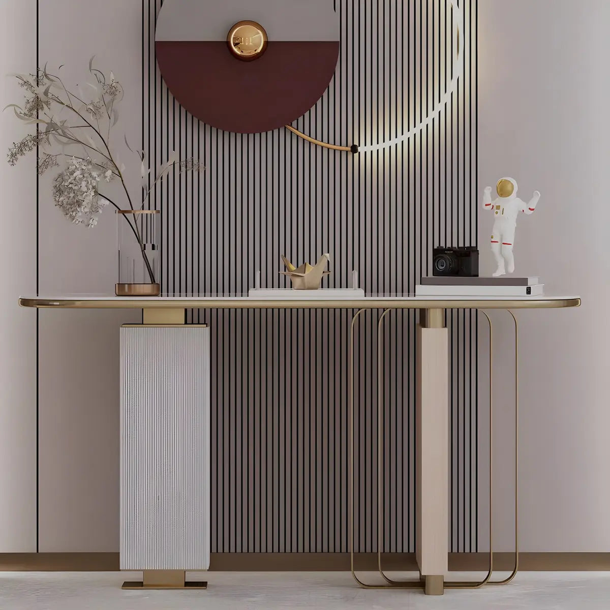 Oval Stone Gold Double Pedestal Tall Console Table Image - 4