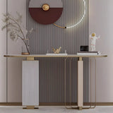 Oval Stone Gold Double Pedestal Tall Console Table Image - 4
