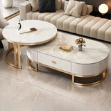 Oval Stone Top Steel Base Storage Nesting Coffee Tables Image - 18