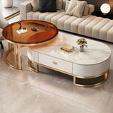 Oval Stone Top Steel Base Storage Nesting Coffee Tables Image - 19