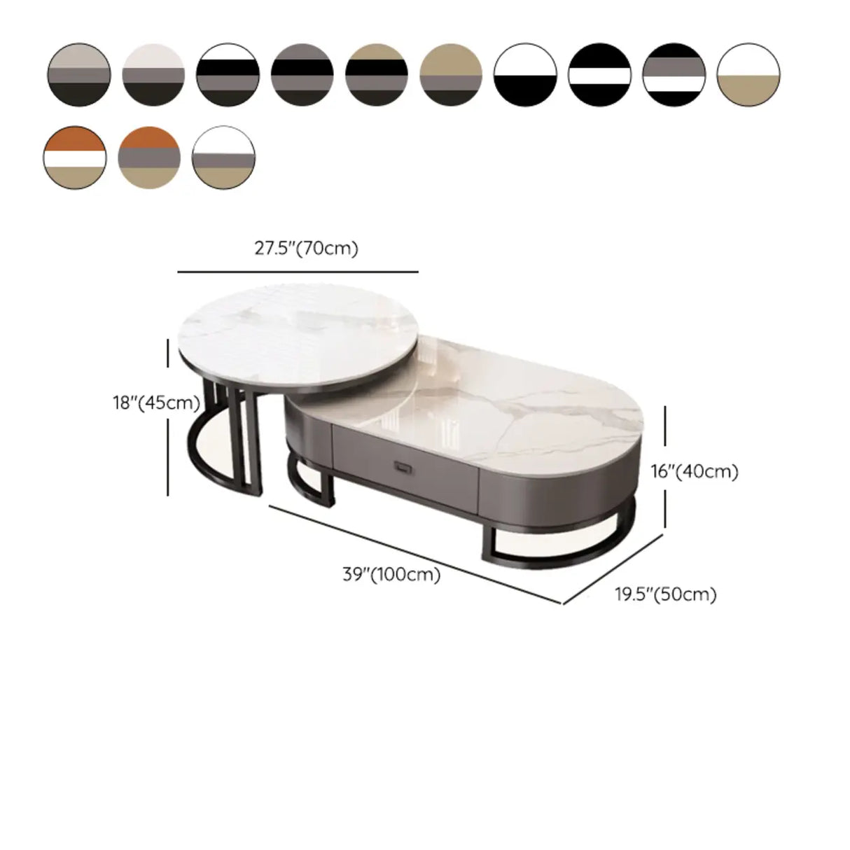 Oval Stone Top Steel Base Storage Nesting Coffee Tables 