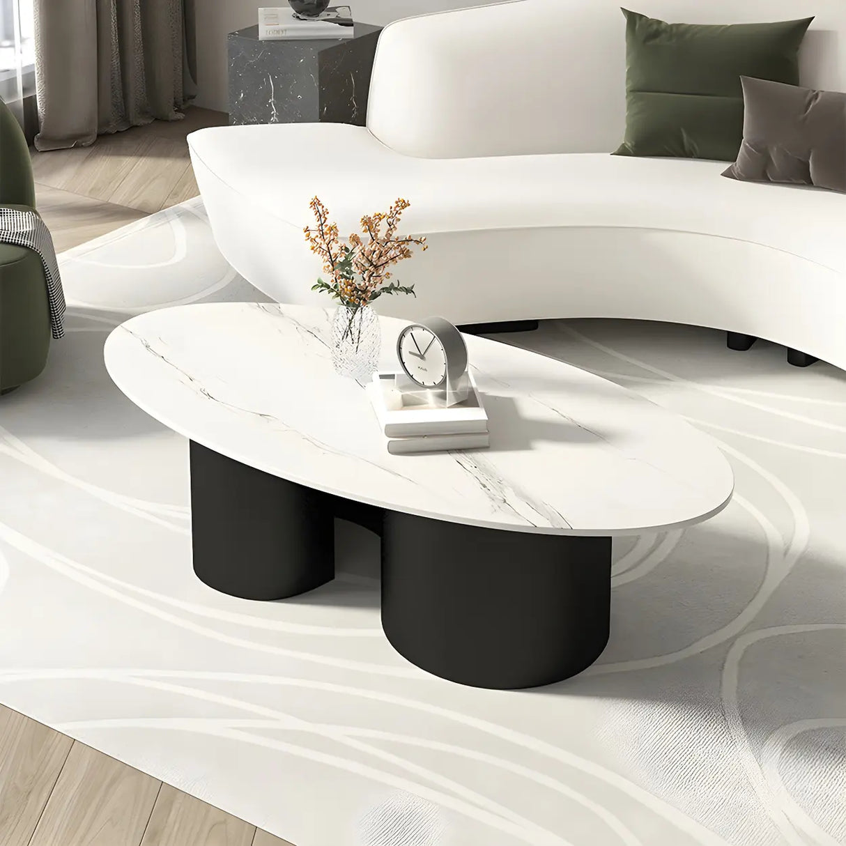 Oval Top Abstract Metal Base Low Height Coffee Table Image - 11