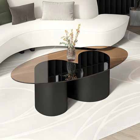 Oval Top Abstract Metal Base Low Height Coffee Table Image - 2