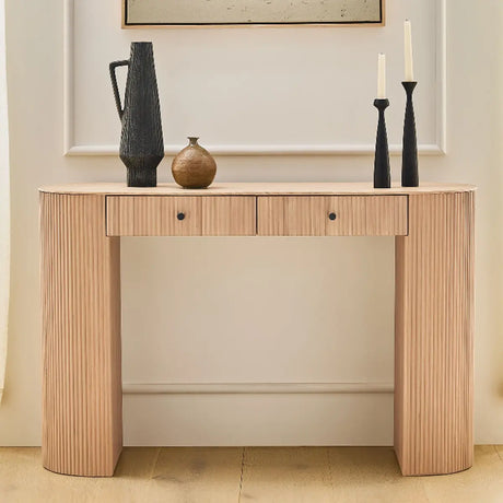 Oval Top Sled Base Wooden Beige Console Table with Drawers Image - 1