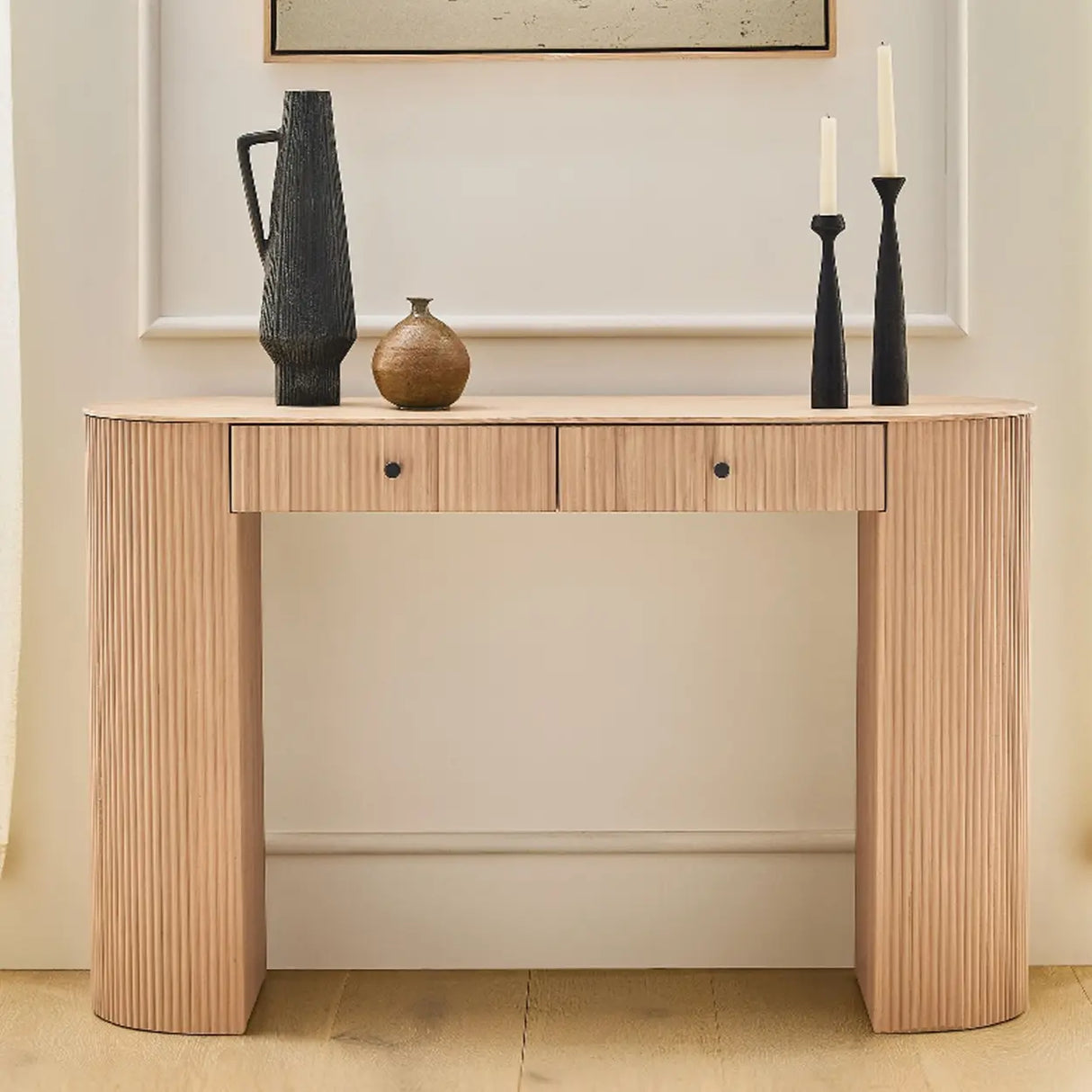 Oval Top Sled Base Wooden Beige Console Table with Drawers Image - 1