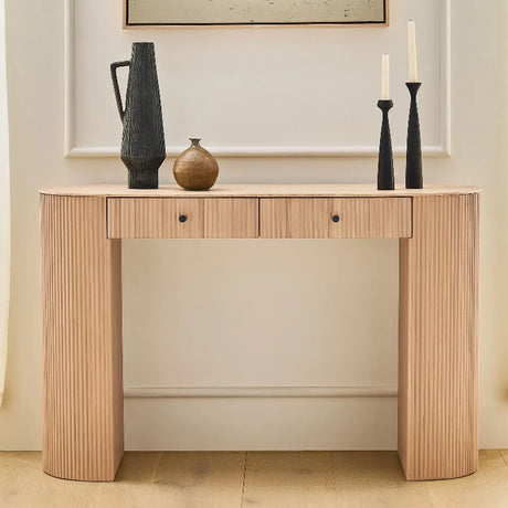 Oval Top Sled Base Wooden Beige Console Table with Drawers Image - 1