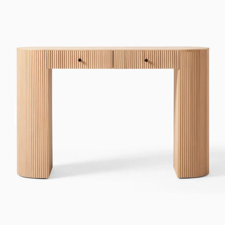Oval Top Sled Base Wooden Beige Console Table with Drawers Image - 2