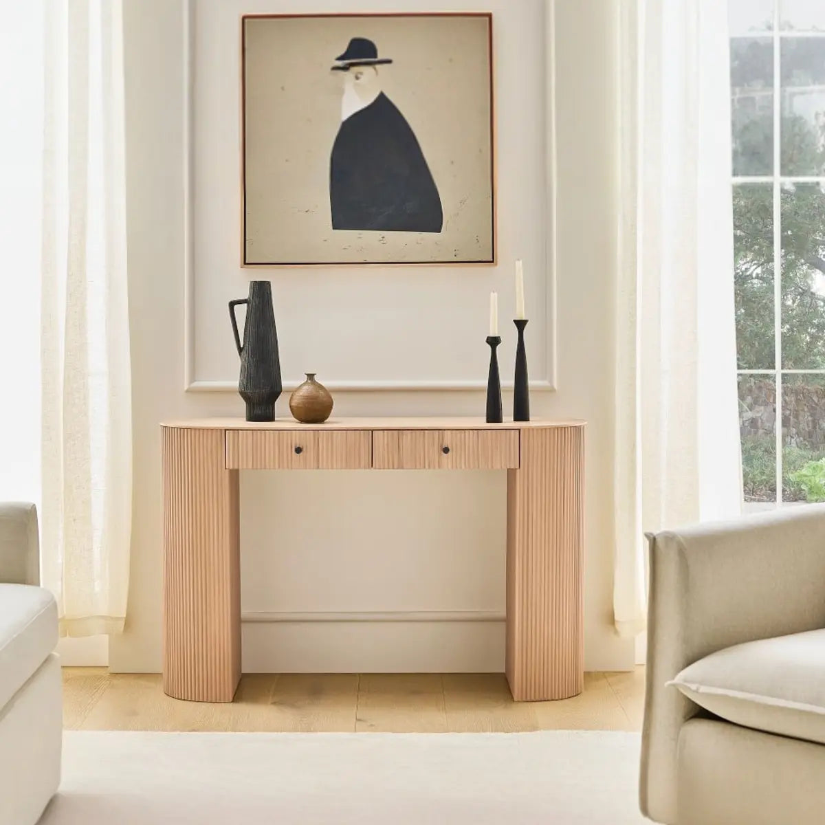 Oval Top Sled Base Wooden Beige Console Table with Drawers Image - 3