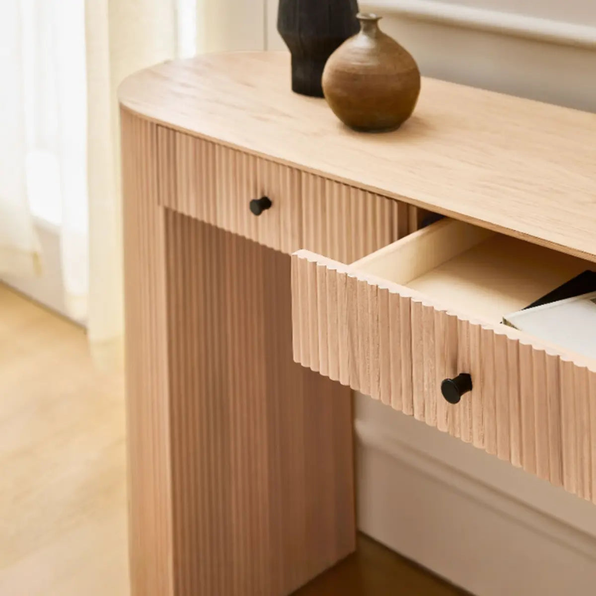 Oval Top Sled Base Wooden Beige Console Table with Drawers Image - 4