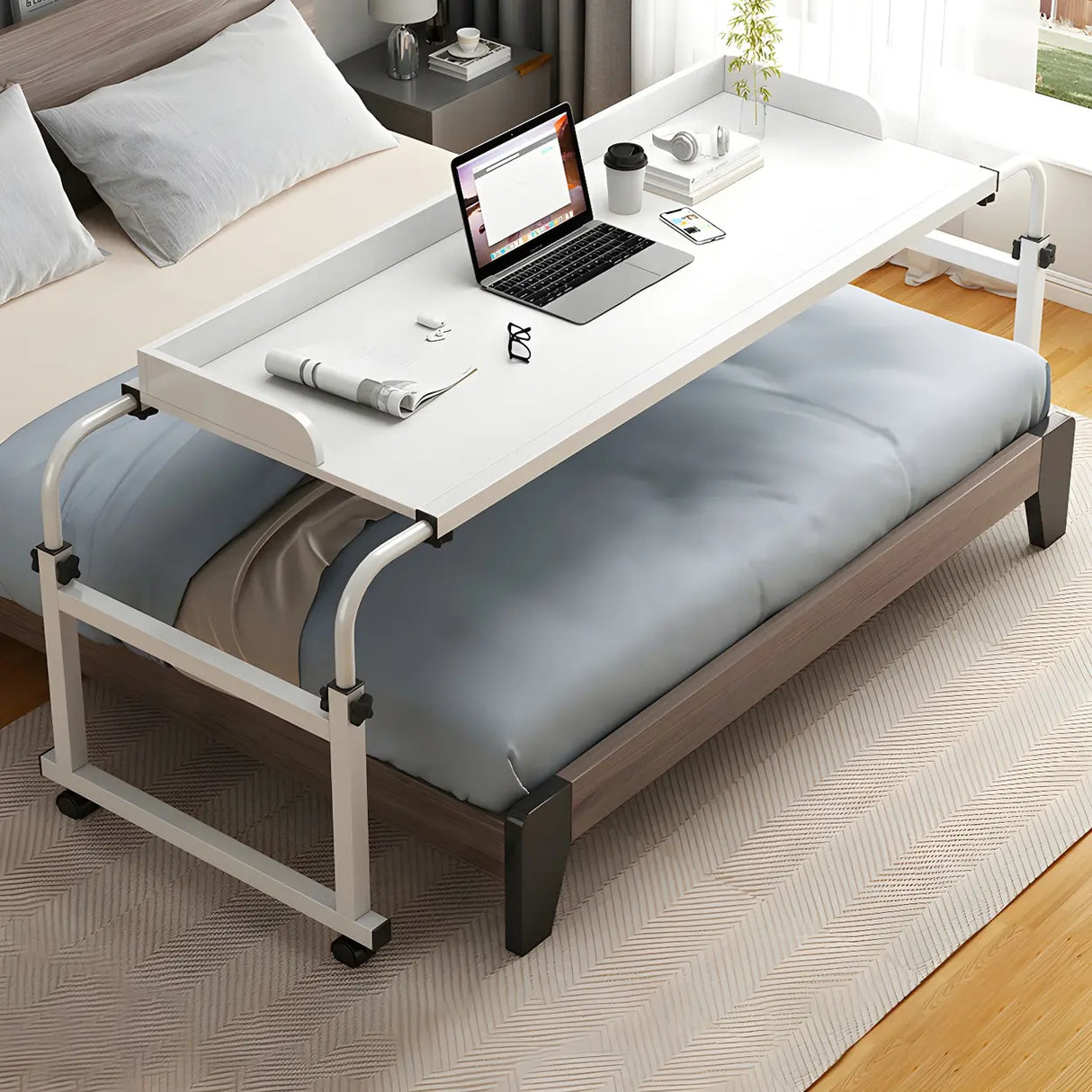 Over-Bed Adjustable Wood Writing Desk with Wheels Image - 11