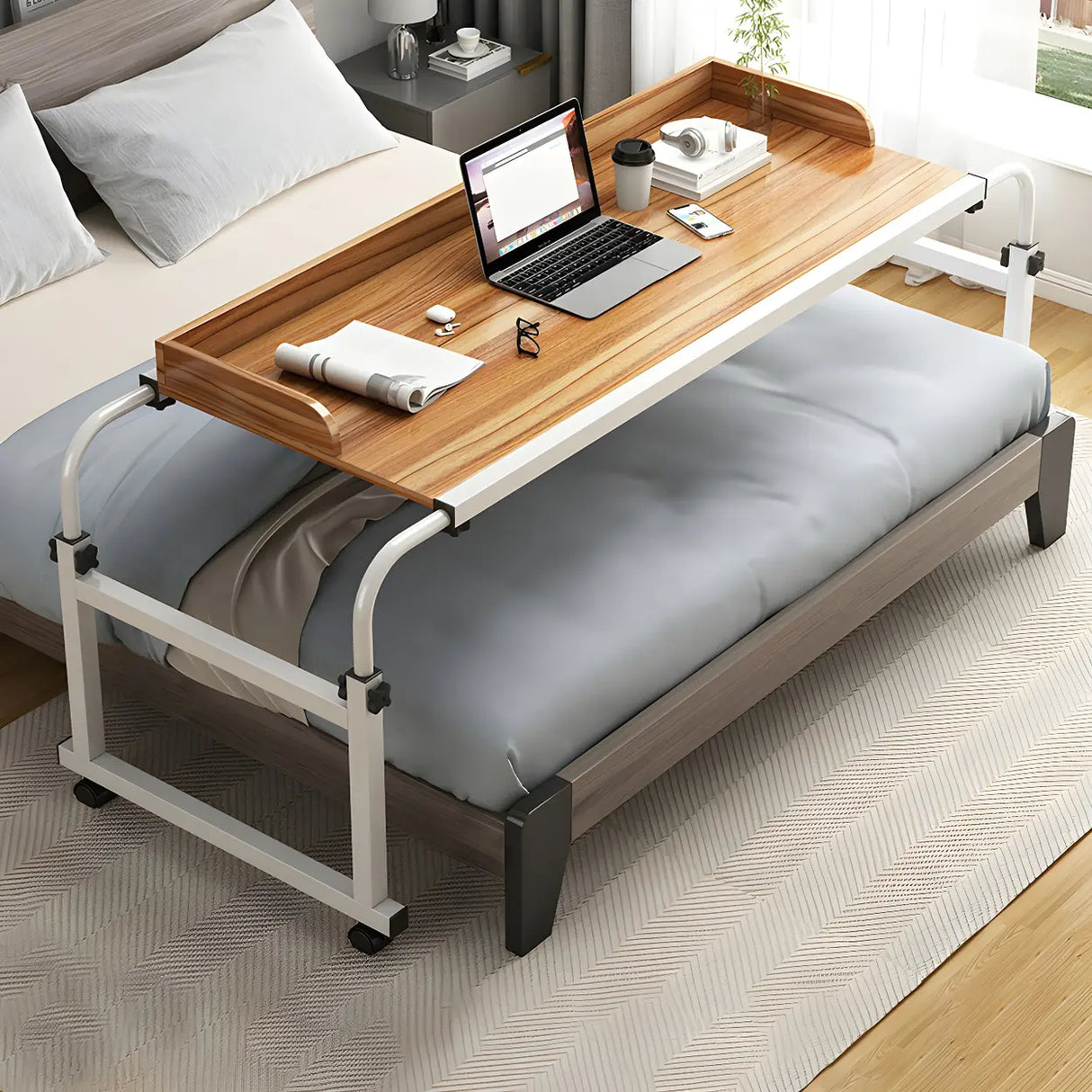 Over-Bed Adjustable Wood Writing Desk with Wheels Image - 5