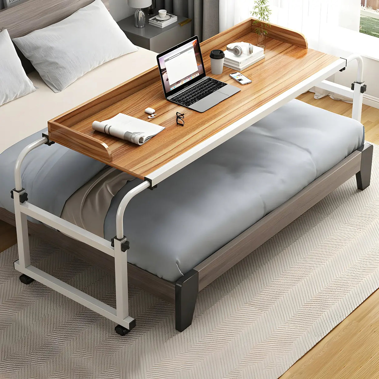 Over-Bed Adjustable Wood Writing Desk with Wheels Image - 7