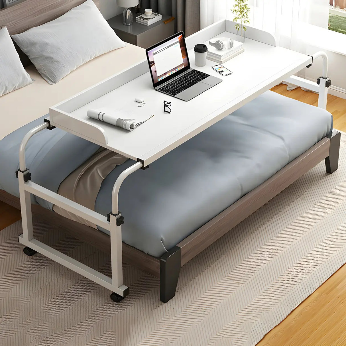 Over-Bed Adjustable Wood Writing Desk with Wheels Image - 9
