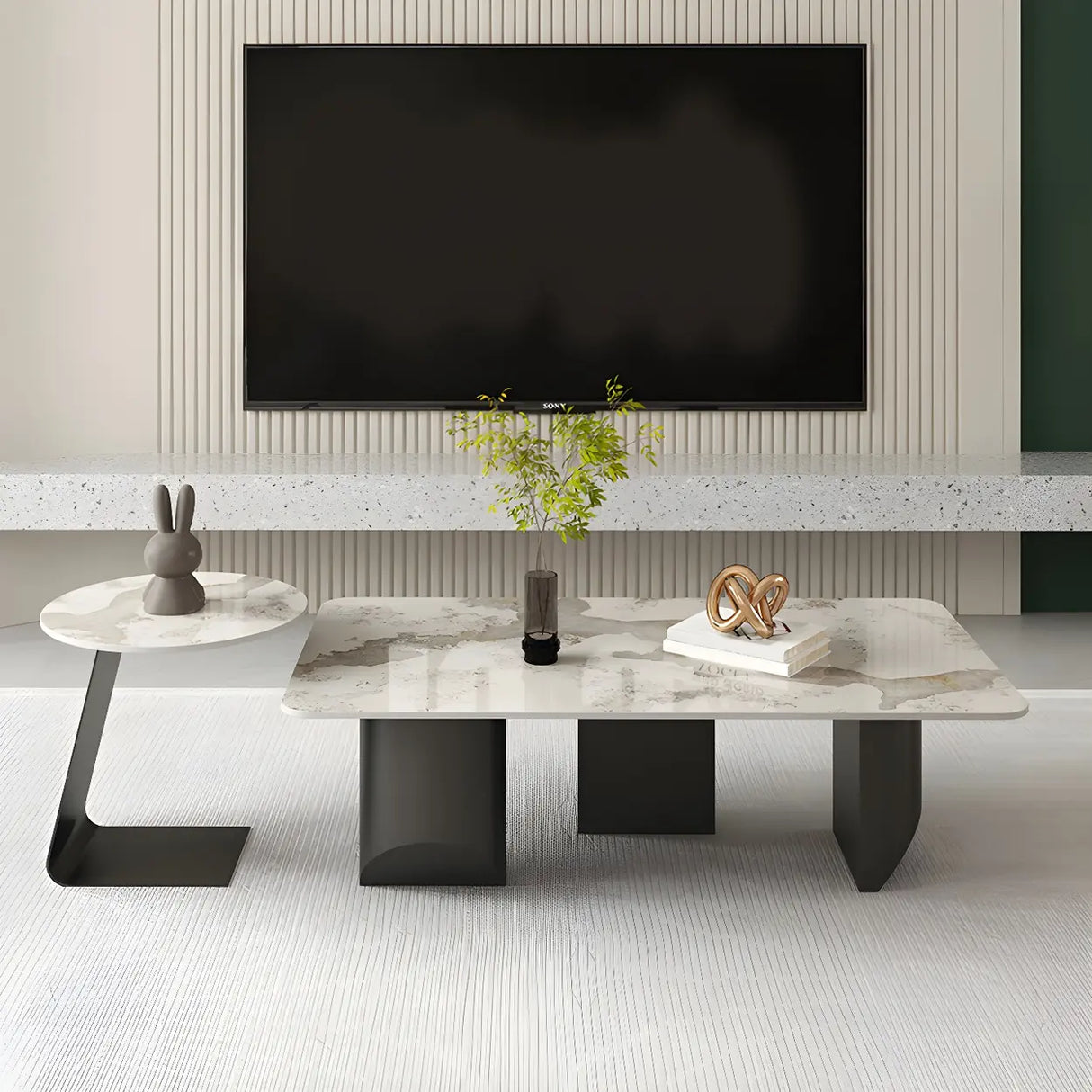 Pandora Gold Stone Top Black Metal Base Coffee Table Image - 4
