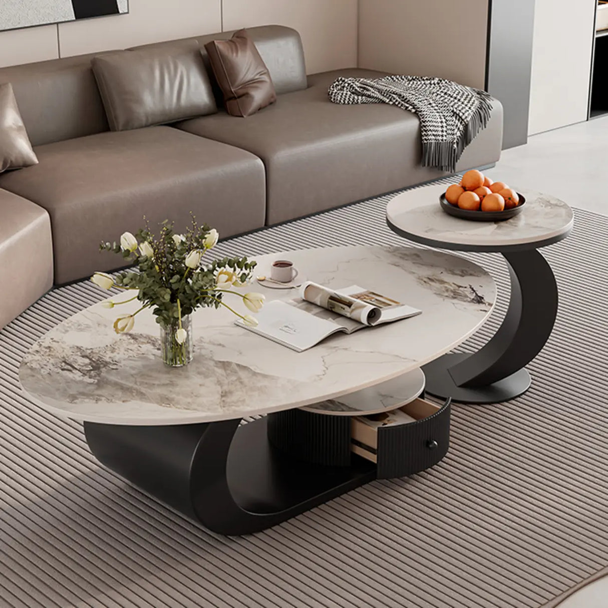 Pandora Stone Oval Abstract Base Nesting Coffee Table Image - 1
