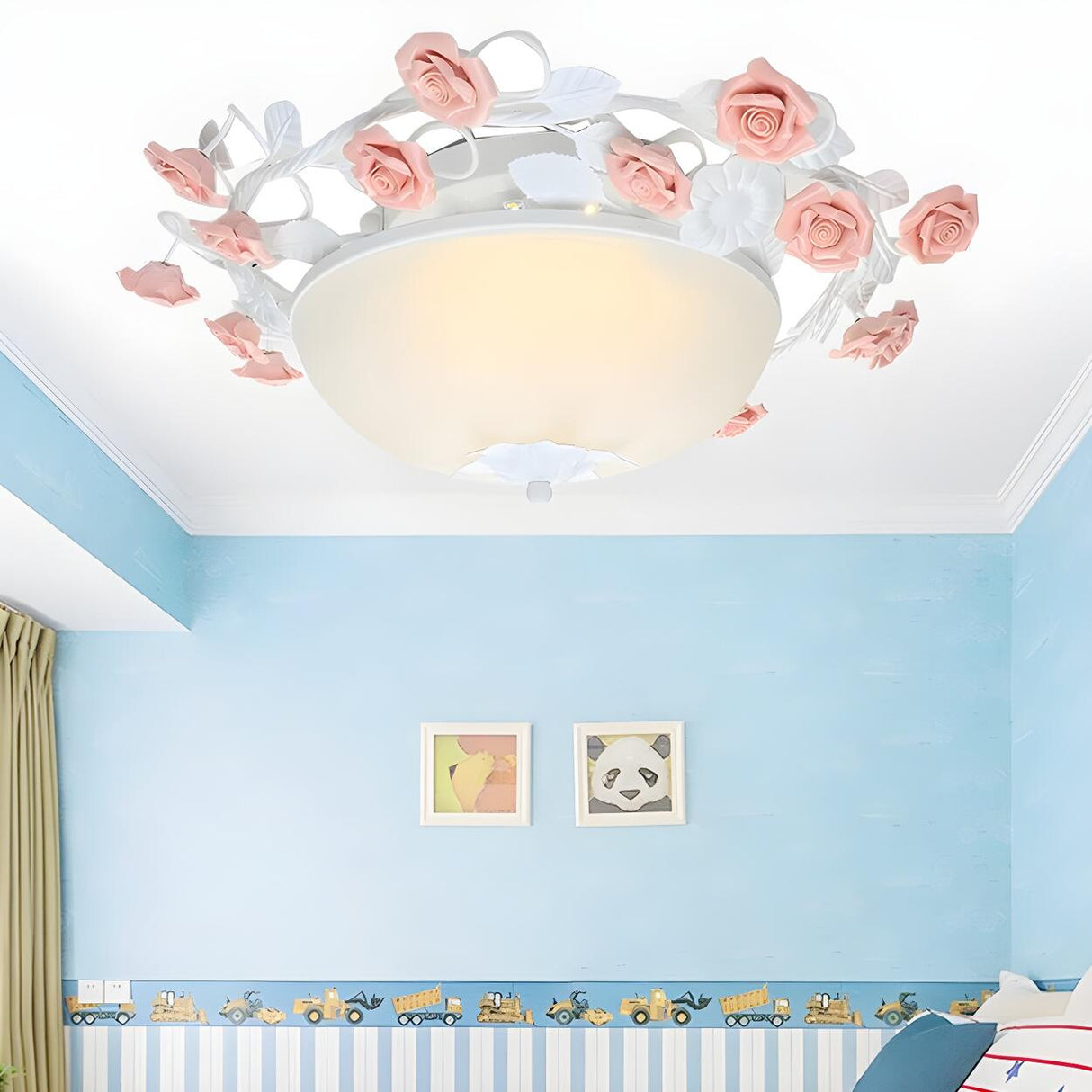 Pastoral Pink Floral Bowl Glass LED Flush Mount Light Image - 7