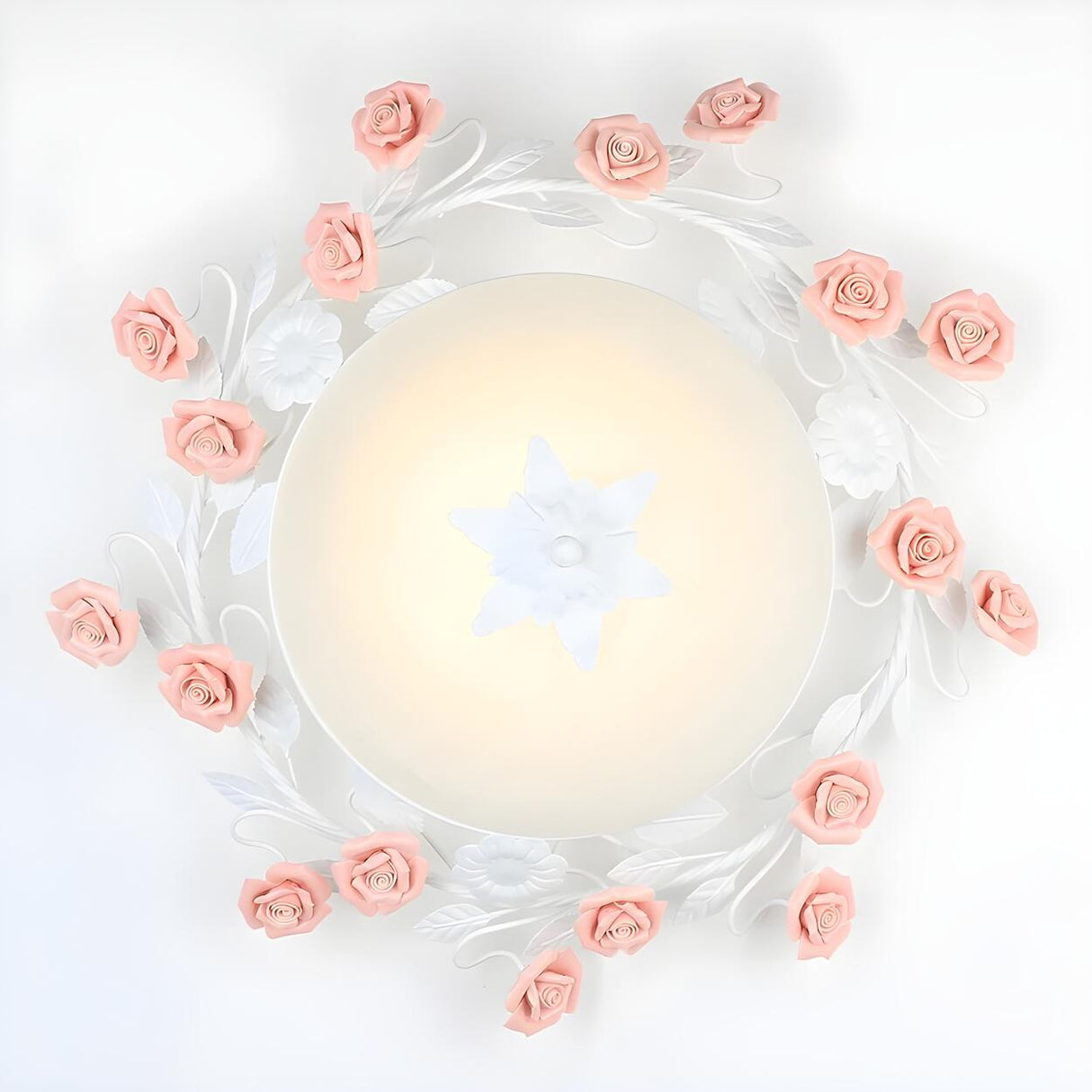 Pastoral Pink Floral Bowl Glass LED Flush Mount Light Image - 9