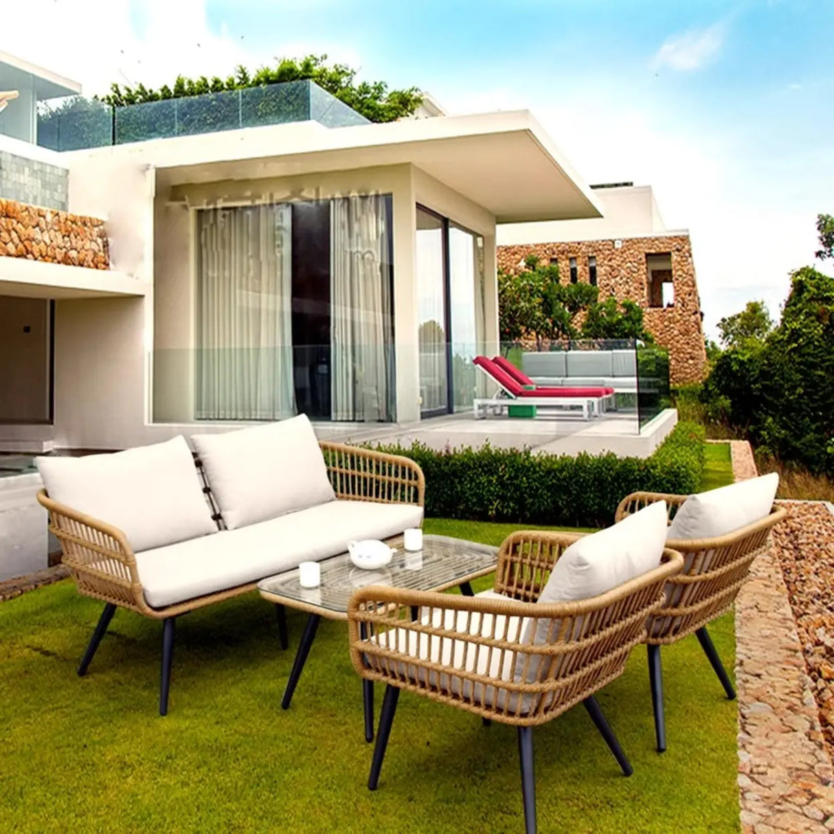 Patio Rattan Rectangular Beige Waterproof Conversation Set Image - 4