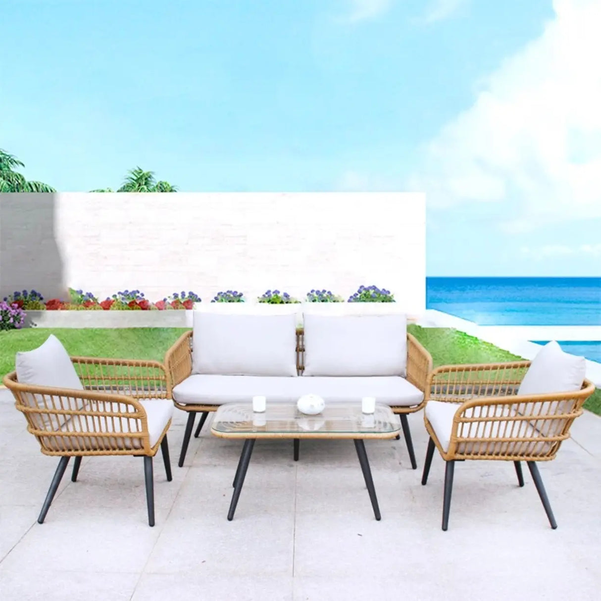 Patio Rattan Rectangular Beige Waterproof Conversation Set Image - 6