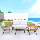 Patio Rattan Rectangular Beige Waterproof Conversation Set Image - 6