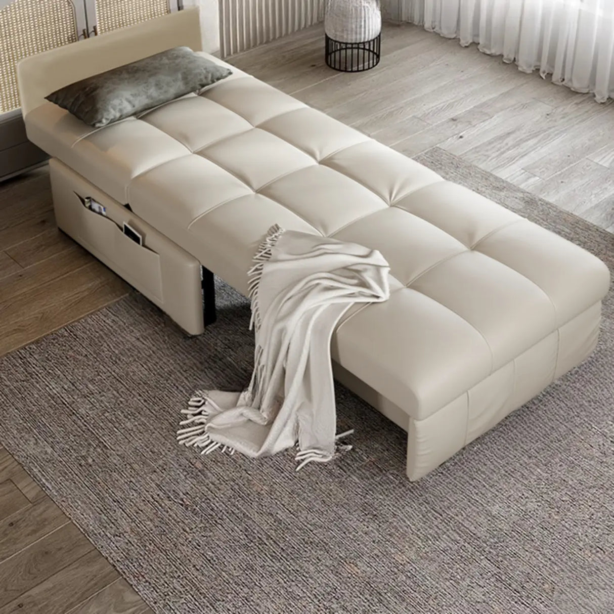 Pillow Back Armless Beige Leather Storage Sleeper Futon Image - 4