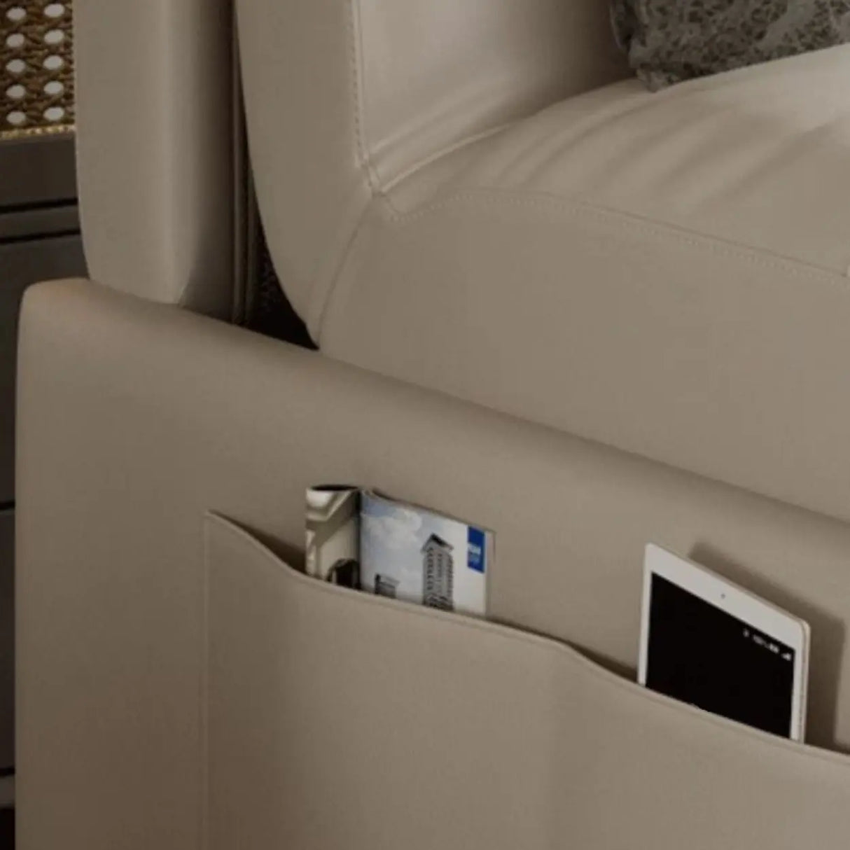 Pillow Back Armless Beige Leather Storage Sleeper Futon Image - 6