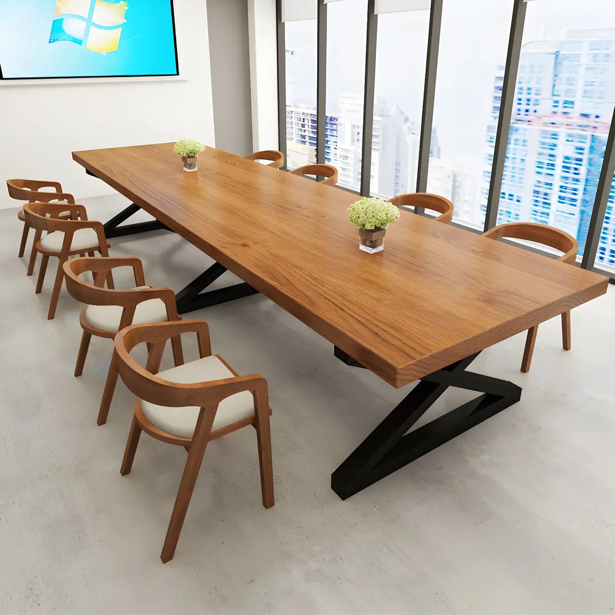 Pine Wood Black Metal Base Meeting Desk for 10-Person Image - 1