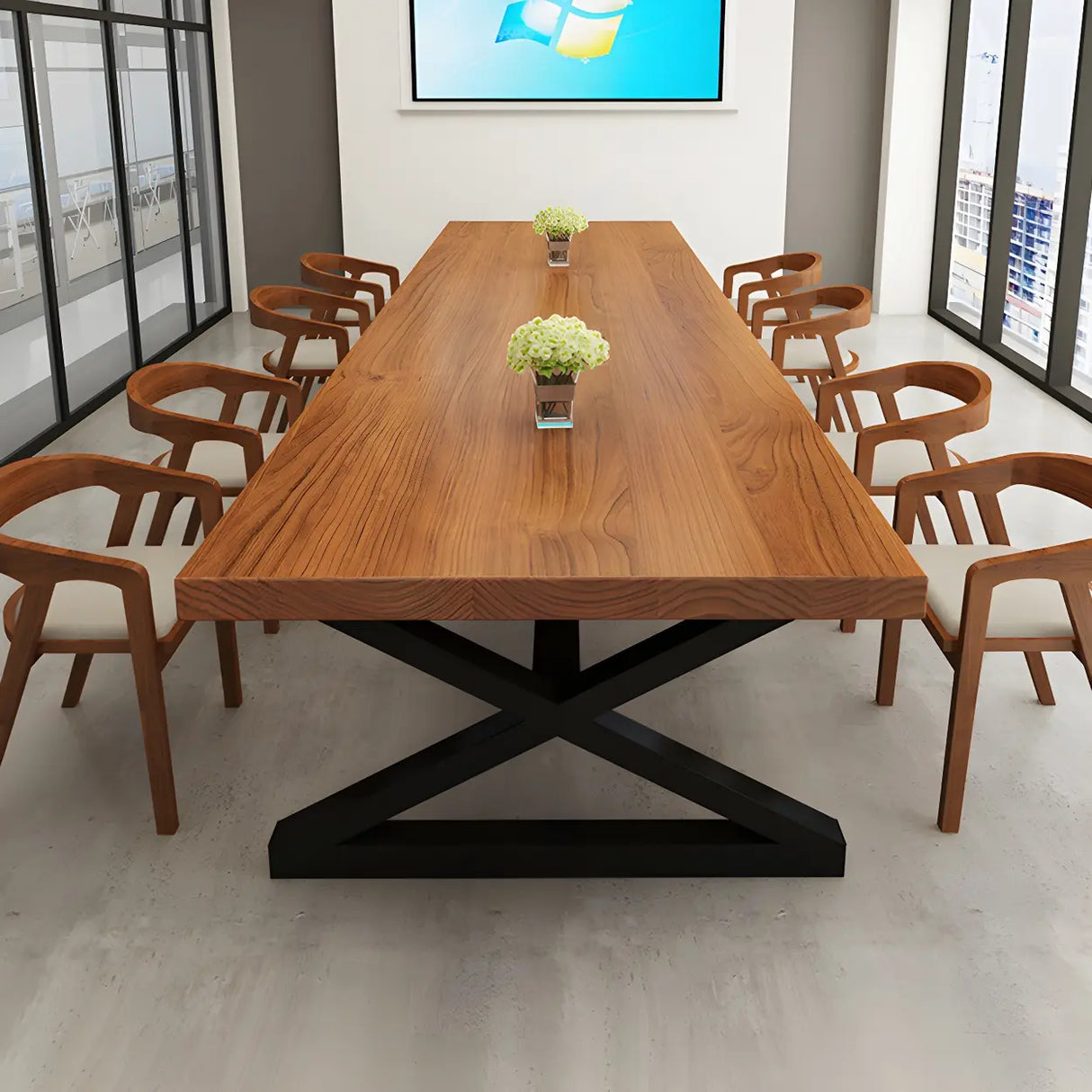 Pine Wood Black Metal Base Meeting Desk for 10-Person Image - 11
