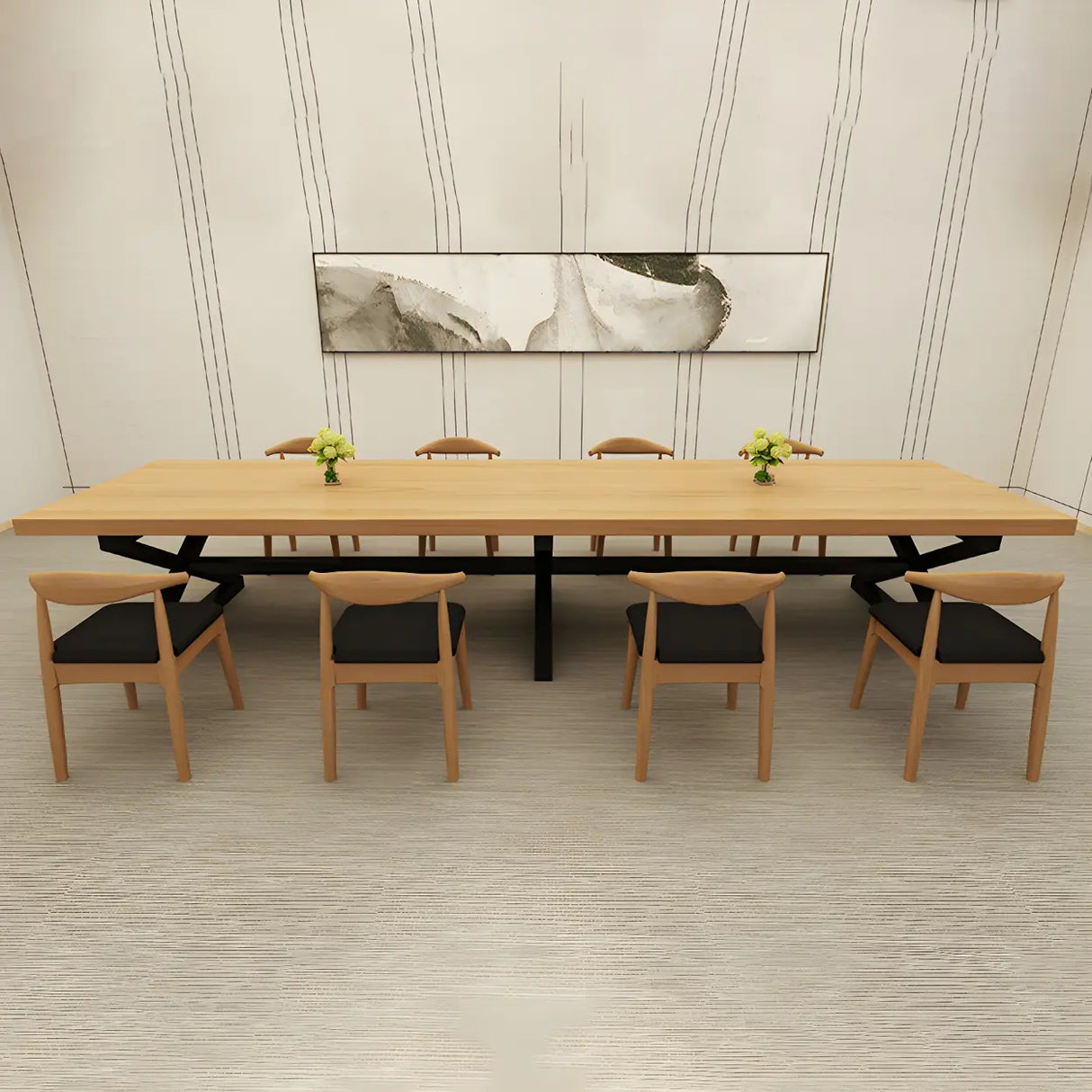 Pine Wood Black Metal Base Meeting Desk for 10-Person Image - 12