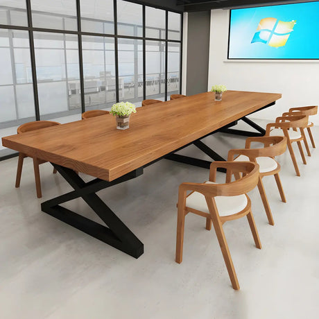 Pine Wood Black Metal Base Meeting Desk for 10-Person Image - 2