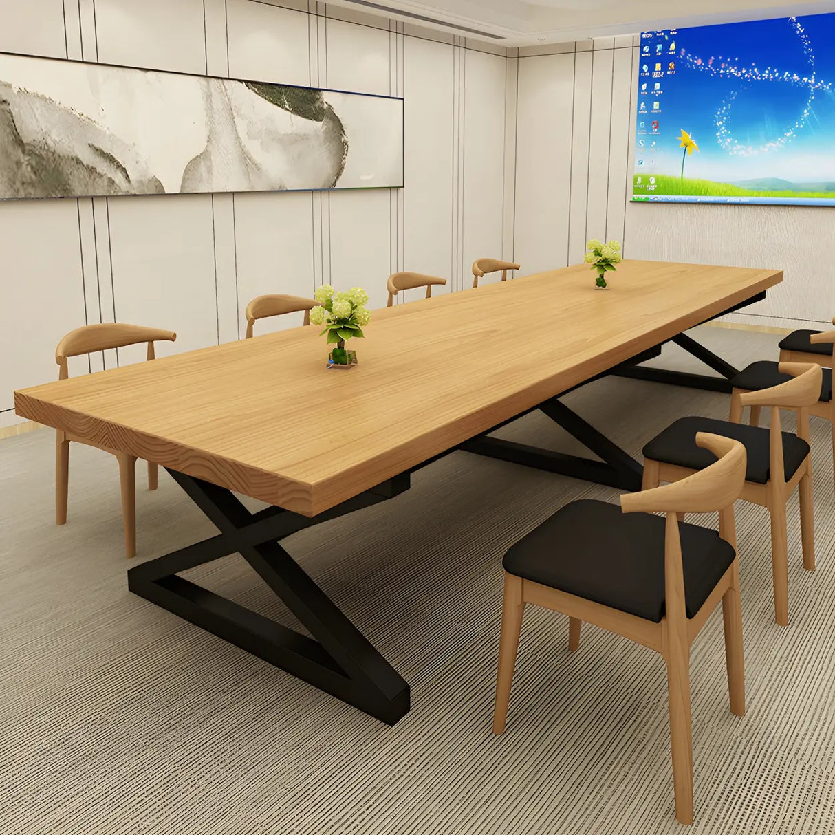 Pine Wood Black Metal Base Meeting Desk for 10-Person Image - 3
