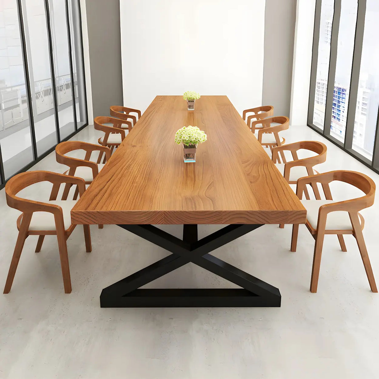 Pine Wood Black Metal Base Meeting Desk for 10-Person Image - 4