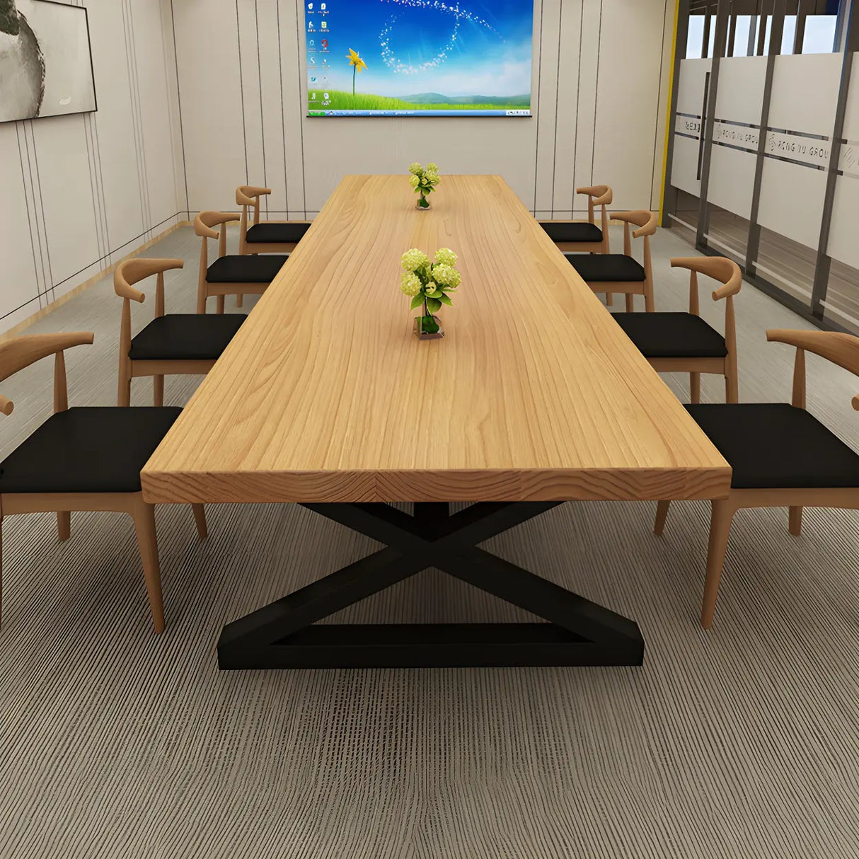 Pine Wood Black Metal Base Meeting Desk for 10-Person Image - 8