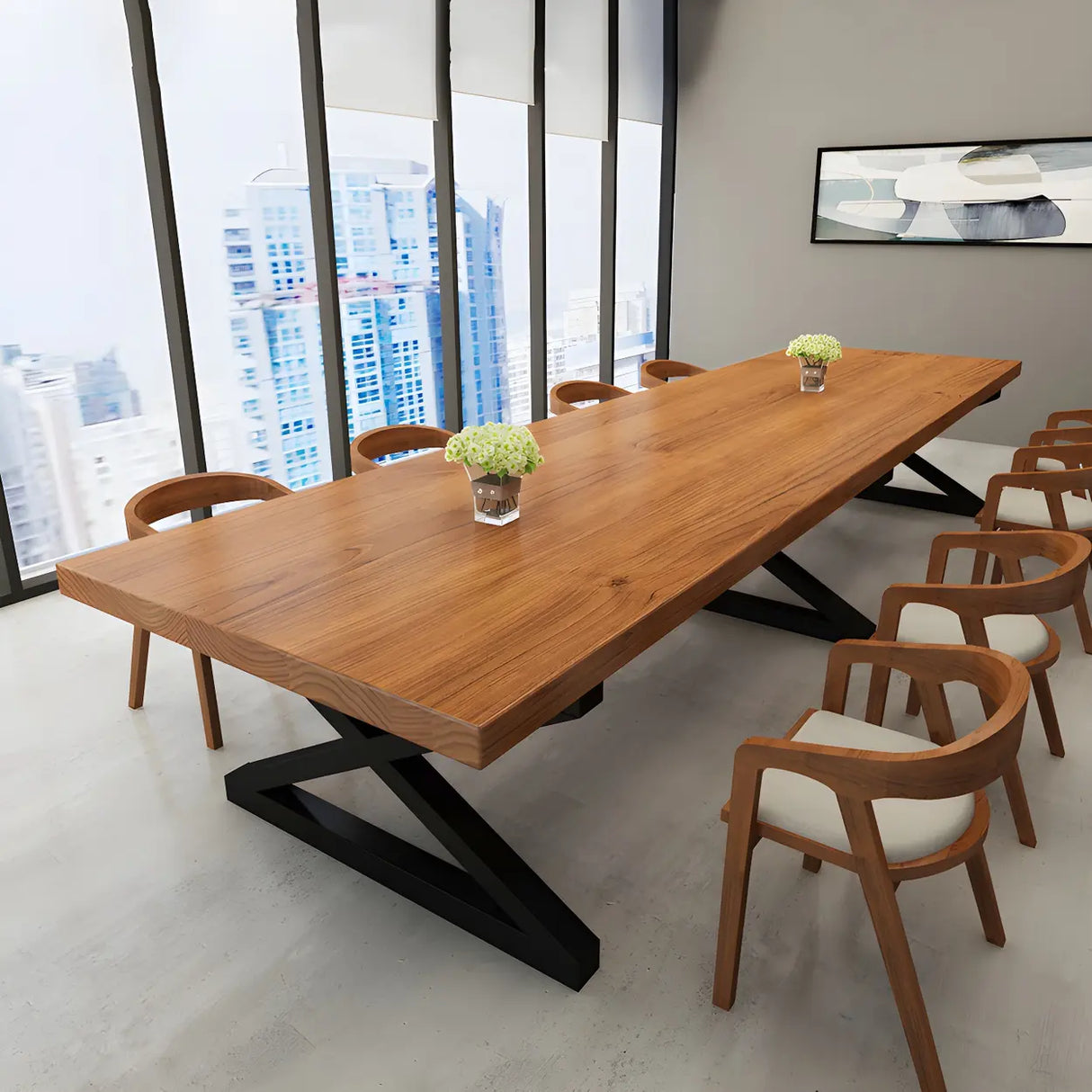 Pine Wood Black Metal Base Meeting Desk for 10-Person Image - 9