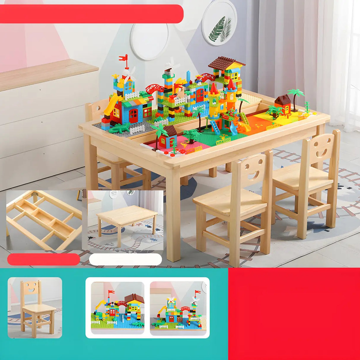 Pine Wood Toddler Building Block Table Chair Set Image - 3