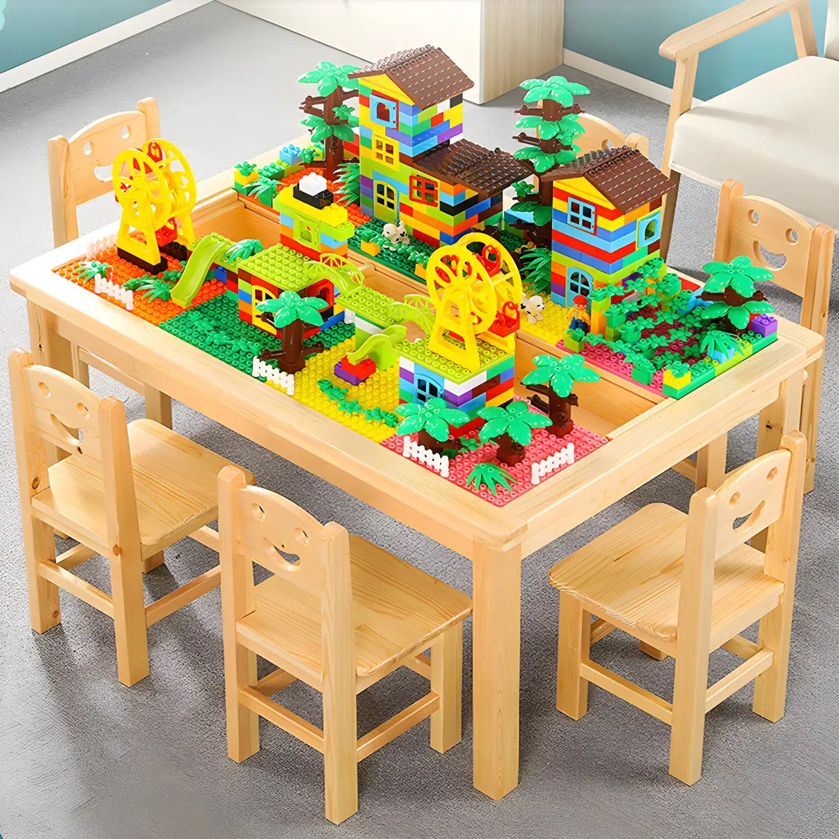 Pine Wood Toddler Building Block Table Chair Set Image - 6