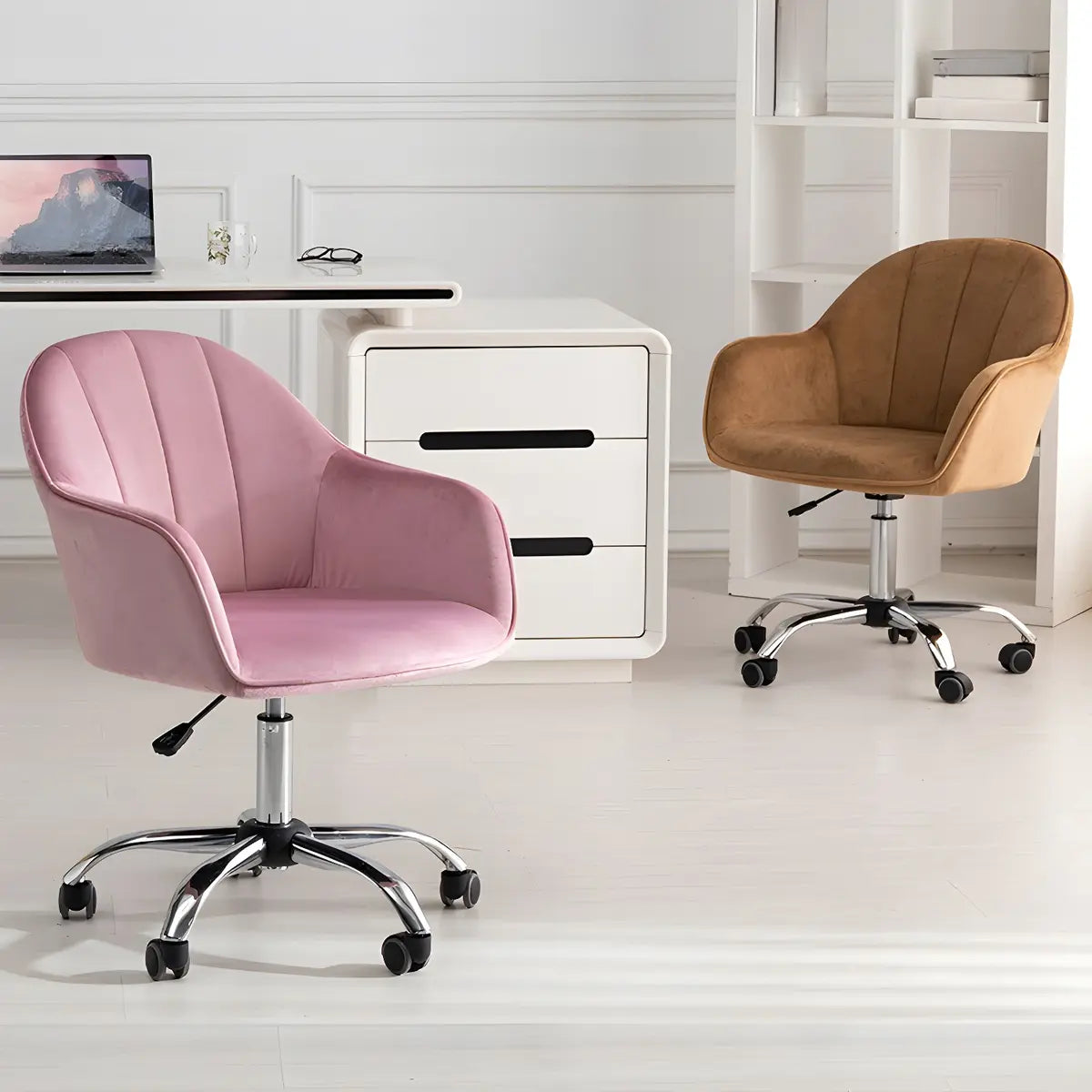 Pink Adjustable Ergonomic Velvet Swivel Office Chair Image - 6
