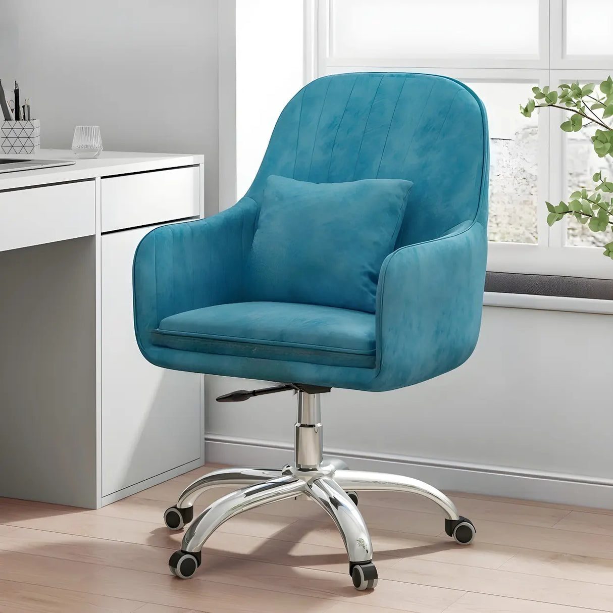 Pink Adjustable Plush Upholstered Swivel Office Chair Image - 3