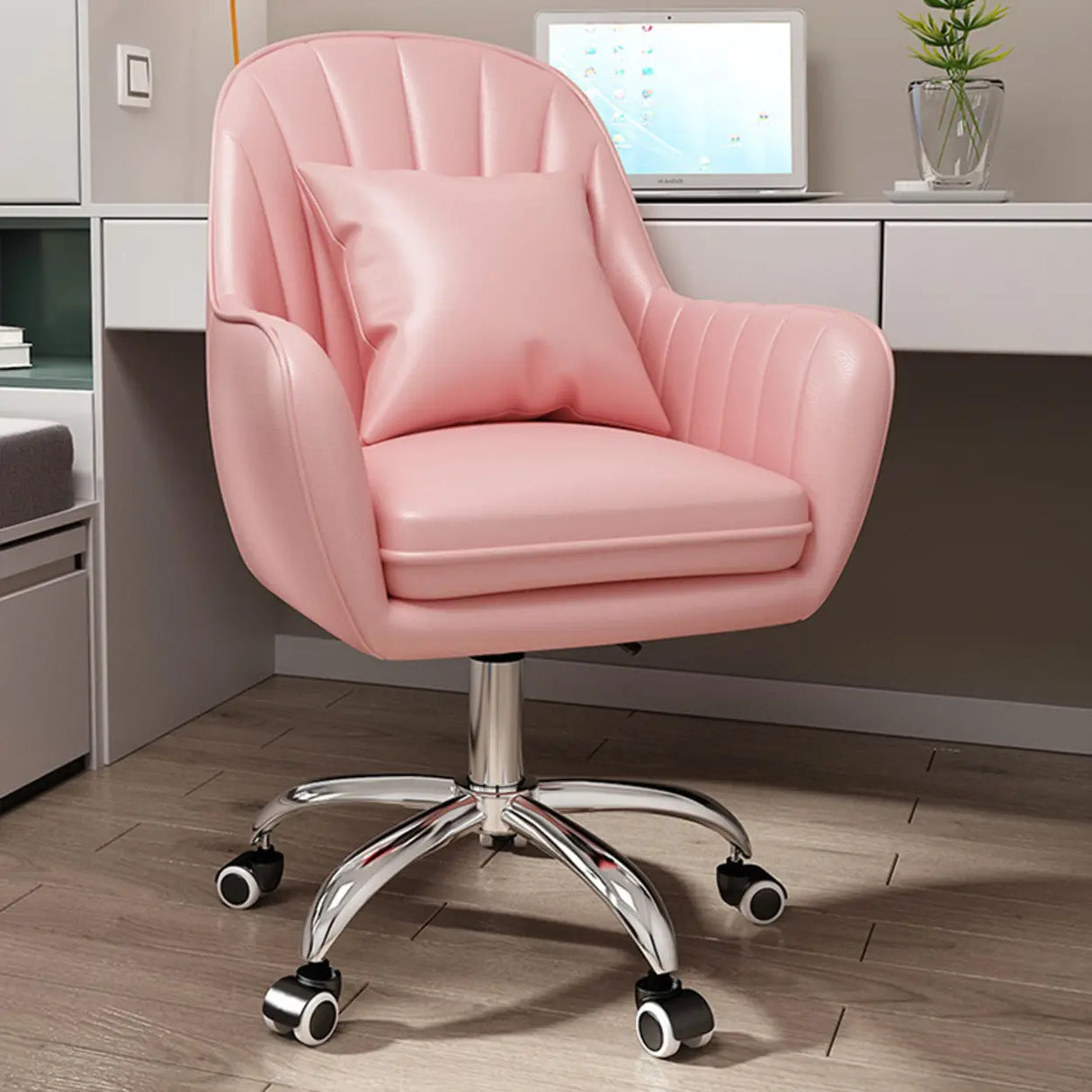 Pink Adjustable Swivel Leather Fixed Arms Office Chair Image - 12