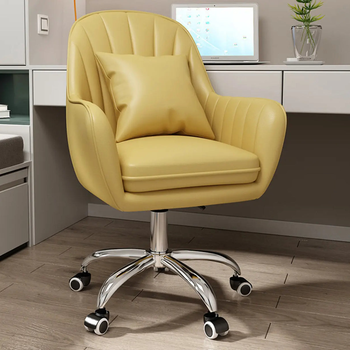 Pink Adjustable Swivel Leather Fixed Arms Office Chair Image - 14