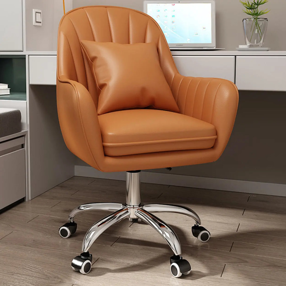 Pink Adjustable Swivel Leather Fixed Arms Office Chair Image - 16