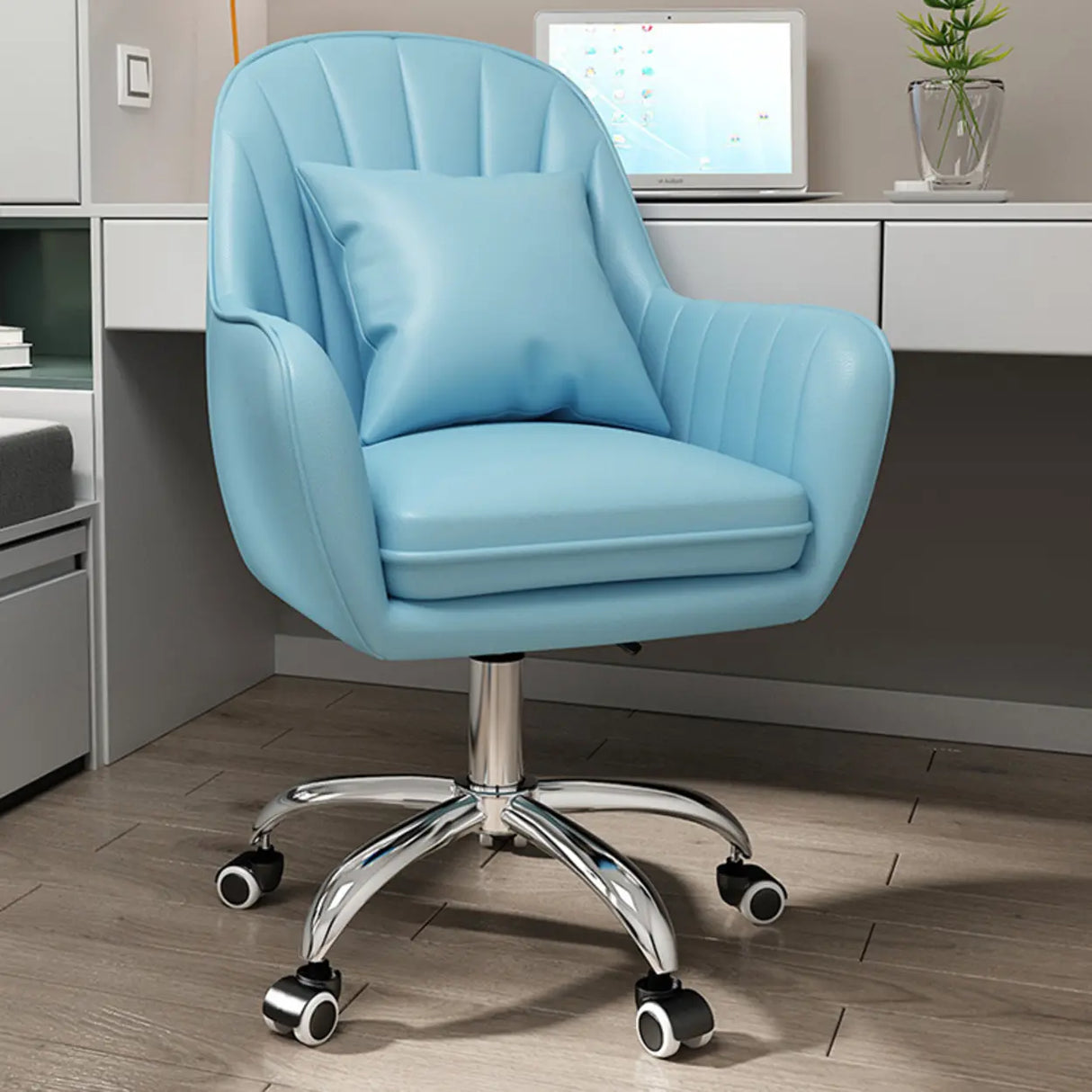 Pink Adjustable Swivel Leather Fixed Arms Office Chair Image - 18