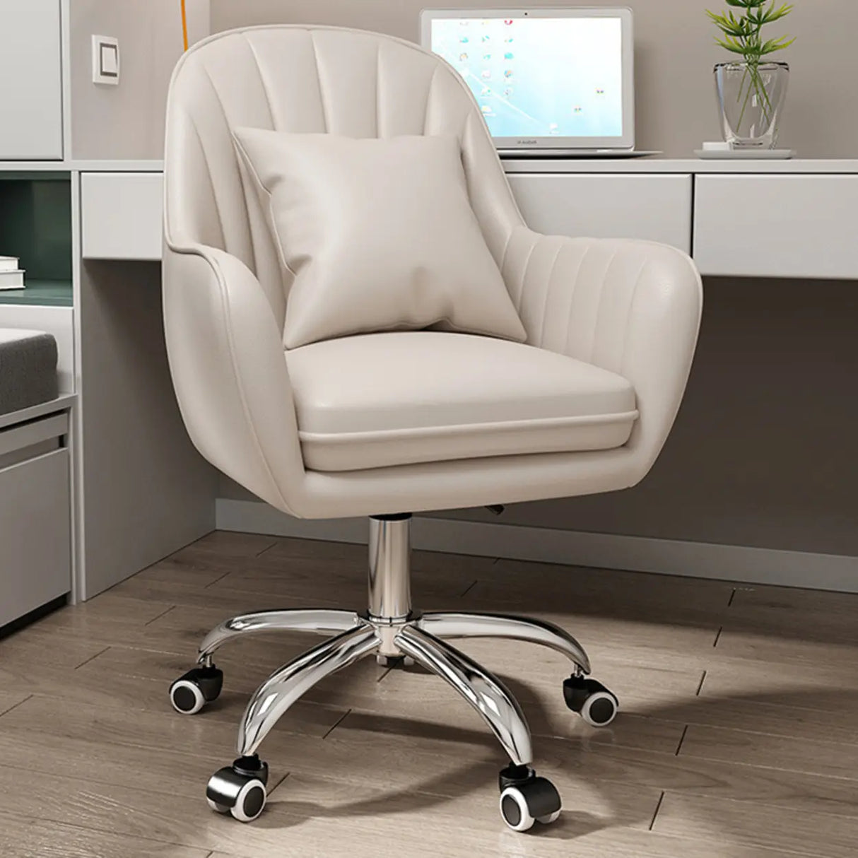 Pink Adjustable Swivel Leather Fixed Arms Office Chair Image - 19