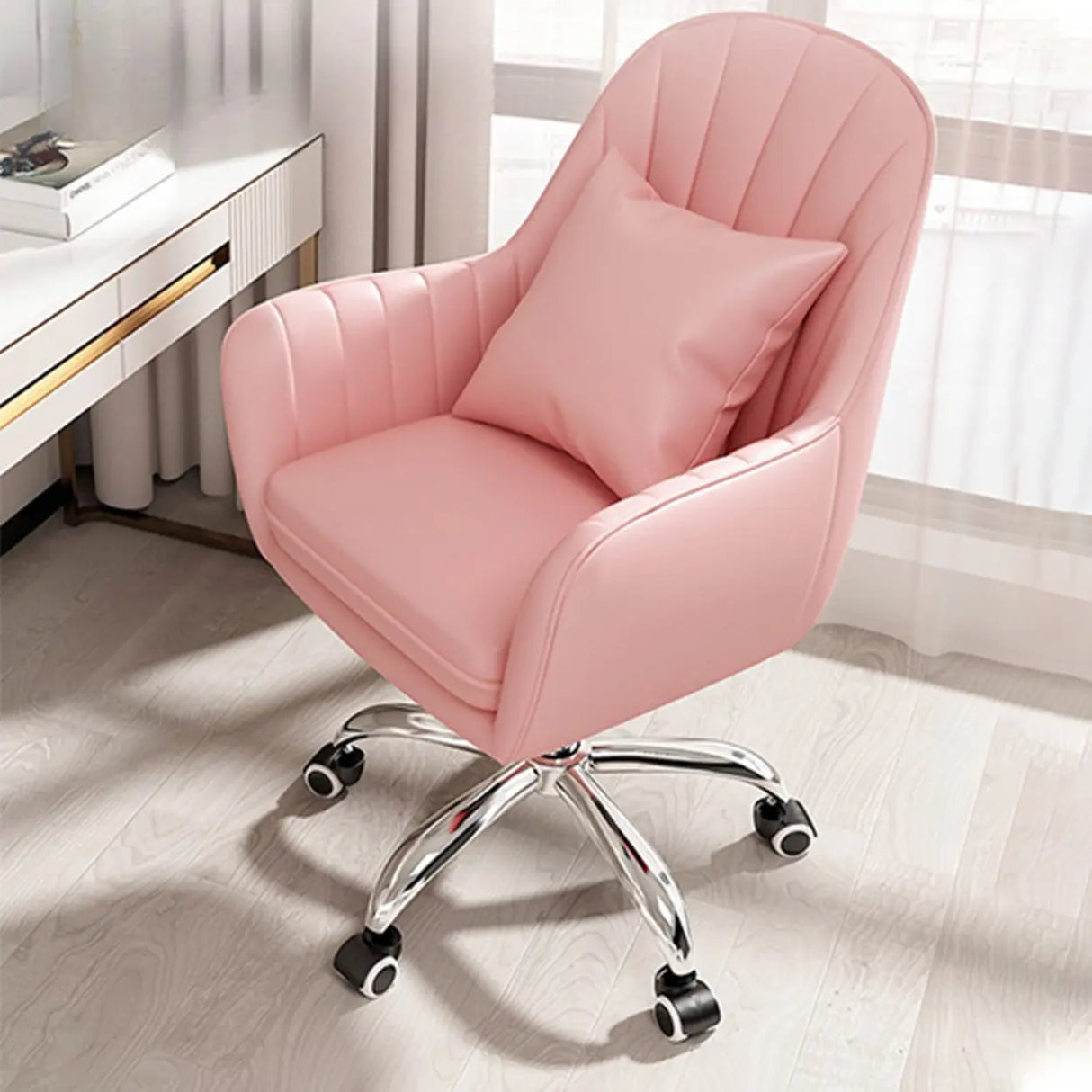 Pink Adjustable Swivel Leather Fixed Arms Office Chair Image - 20
